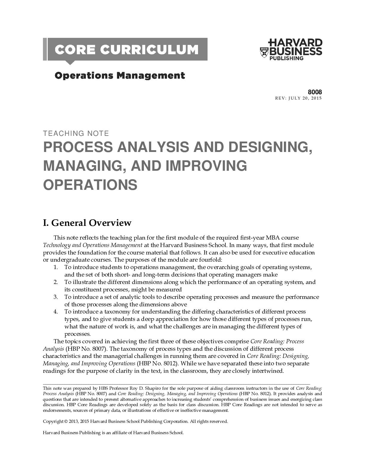 Preview image of Case Solutions/ Notes for Operations Management Reading Process Analysis, By Roy D. Shapiro document